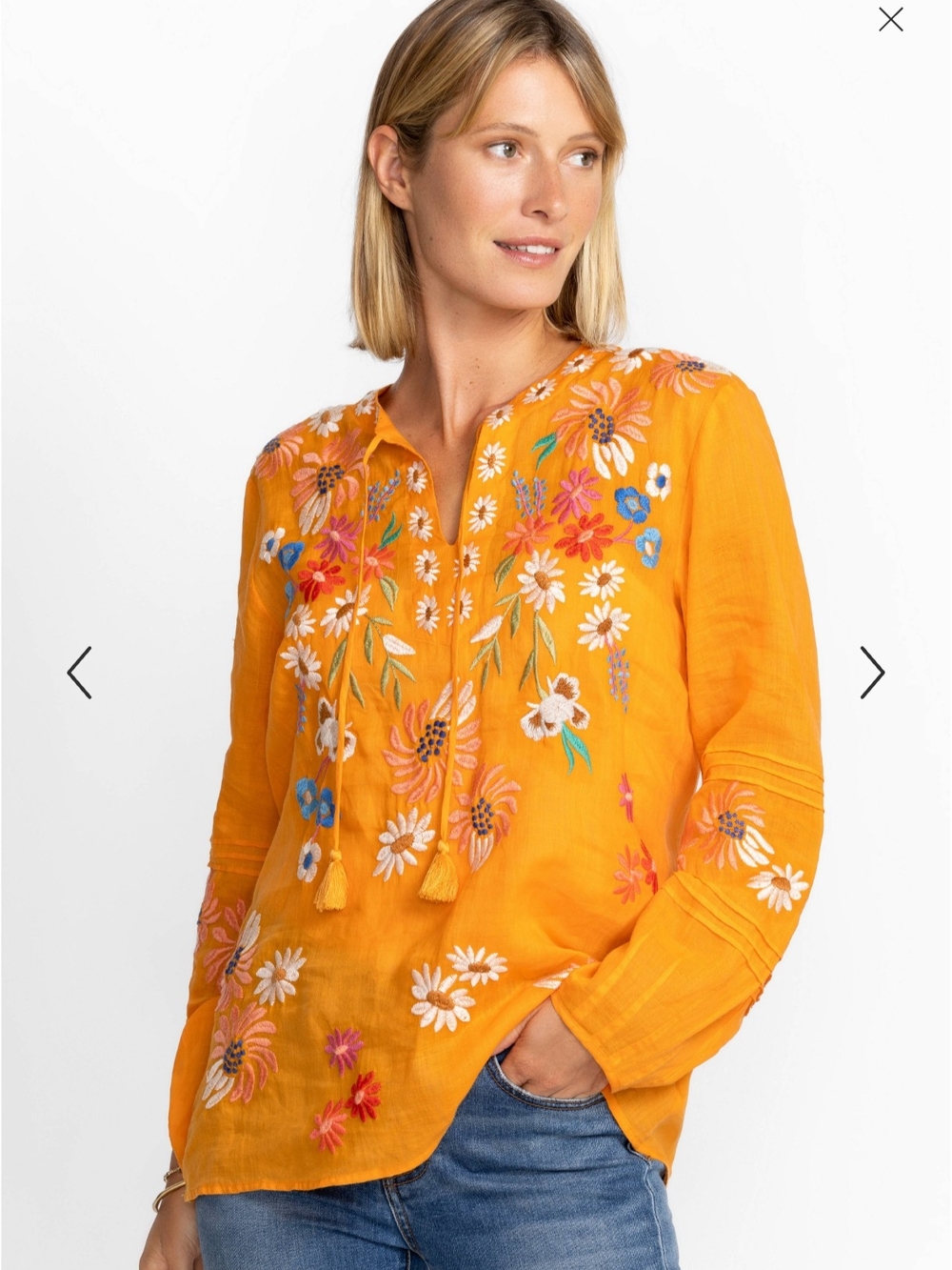 Embroidered Floral Peasant Blouse - Yellow Size M